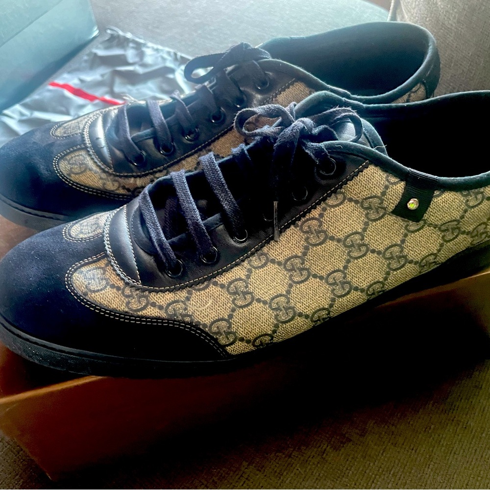 Gucci Black and Tan Sneakers with Signature Monogram